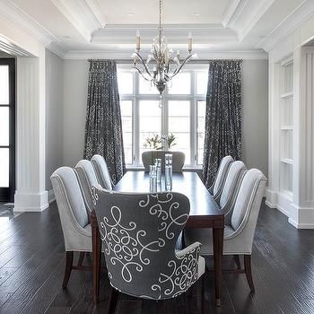 Gray Dining Room with Gray medallion Curtains Dining Room Drapes, Wingback Dining Chair, Transitional Dining Room, Grey Dining Room, Beautiful Dining Rooms, Luxury Dining Room, Elegant Dining Room, Dining Room Small, Luxury Dining