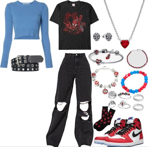 Spider Verse Outfit Ideas, Spiderman Inspired Outfit Aesthetic, Spider Man Inspired Outfit Women, Spider Man Themed Outfit, Spiderman Fit Aesthetic, Spider Man Aesthetic Outfits, Miles Morales Inspired Outfit Ideas, Spider Man Outfits Ideas Aesthetic, Spiderverse Outfit Ideas