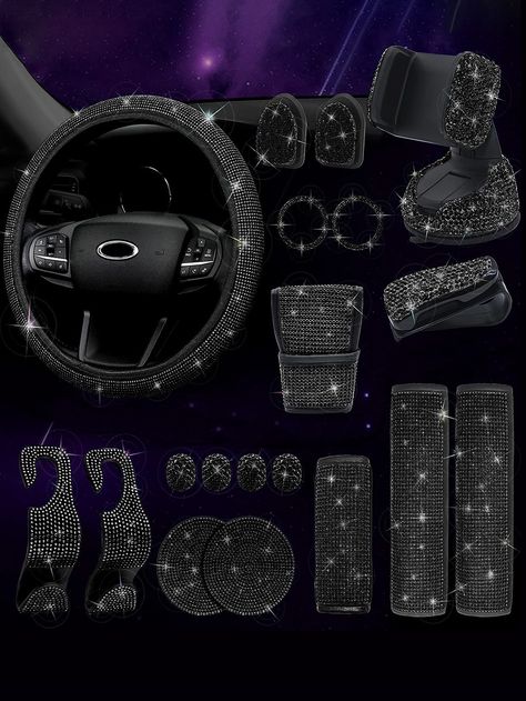 Black  Collar  ABS  Bundle Set Embellished  All Automotive Interior Accessories Gear Shift Cover, Car Steering Wheel Cover, Car Steering Wheel, Car Ideas, Car Seat Accessories, Rhinestone Decor, Black Accessories, Car Steering, Gear Shift