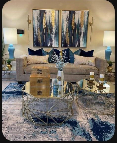 Happy Blessed Monday, Blue And Gold Living Room, Aesthetics Room Decor, Blessed Monday, Silver Living Room, Girl Apartment Decor, Gold Living Room Decor, Lights Room, Glam Living Room Decor