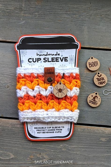 Crochet Halloween Coffee Cozies, Fall Mug Cozy Crochet, Cup Cozy Display Card Free, Crochet Cup Holders Mug Cozy, Pumpkin Cozy Crochet, Halloween Coffee Cozy Crochet Pattern, Fall Crochet Coozie, Crochet Coozie With Handle, Crochet Halloween Cup Cozies