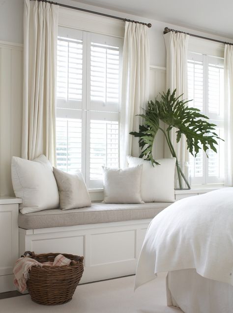 VT Interiors - Library of Inspirational Images: Dreamy Whites & Soft Blues Shutters With Curtains, Window Treatments Bedroom, Bedroom Windows, Trendy Bedroom, White Curtains, White Bedroom, Window Seat, Hollywood Regency, Curtains With Blinds