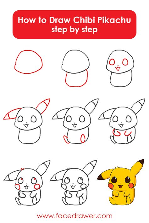 Pikachu is your favourite Pokemon? Learn how to draw this very cute Chibi Pikachu. Just follow along the easy steps and learn how to draw chibi Pikachu. Chibi Pikachu, Trin For Trin Tegning, How To Draw Chibi, Draw Chibi, Pikachu Drawing, Drawing Faces, Chibi Drawings, Pokemon Drawings, Step Drawing