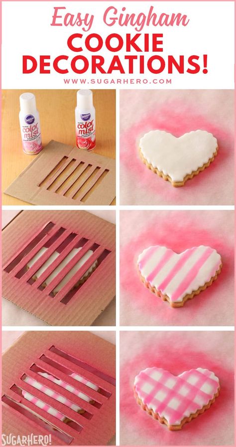 How to make a cute and easy gingham pattern on sugar cookies! | From SugarHero.com Heart Cookies Recipe, بيتي فور, Deco Cupcake, Valentine Cookies Decorated, Valentine Sugar Cookies, Shape Cake, Shaped Cookies, Heart Shaped Cookies, Cookie Tutorials