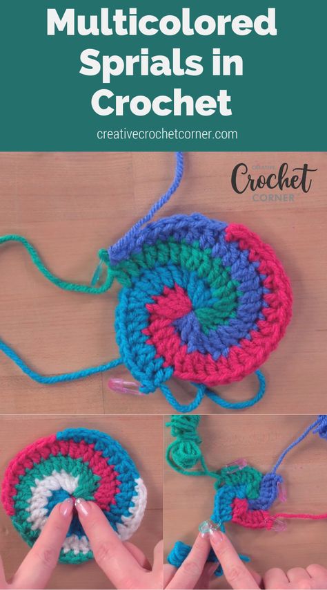 Crochet designer Marly Bird demonstrates how to create beautiful spiral motif that’s sure to catch the eye. Learn how to start at the center, easily keep track of your four colors, grow the spiral and finish it perfectly. How To Crochet A Spiral Circle, Crochet Spiral Blanket, Spiral Crochet Pattern Free, Crochet Spiral Pattern, Crochet Wheelchair, Crochet Spirals, Spiral Crochet Pattern, Spiral Mandala, Knitting Circle