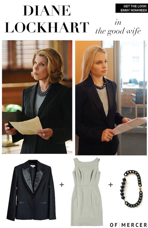 Get the Look: Emmy Nominees!  Diane Lockhart of The Good Wife http://www.ofmercer.com/collections/blazers/products/gotham-tuxedo-blazer Diane Lockhart Style Outfits, Legally Brunette, Diane Lockhart, Christine Baranski, Elegant Office Wear, Aesthetic 80s, Wife Clothes, The Good Wife, Business Clothes