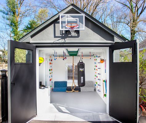 Space of the Week, Garage Home Gym Shed, Garage Playroom, Gym Shed, Small Home Gym Ideas, Backyard Gym, Small Home Gym, Gym Room At Home, Home Gym Design, Playroom Design