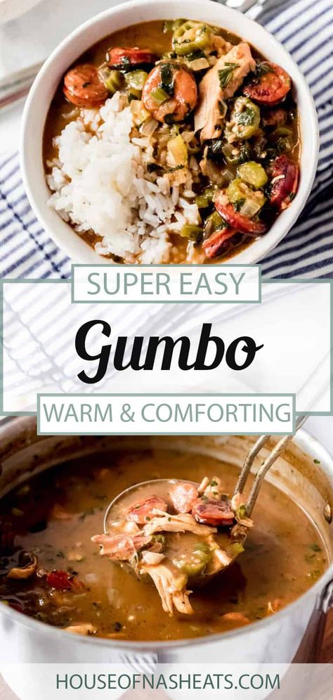 Hearty and absolutely bursting with Cajun flavor, this Easy Gumbo Recipe is a family favorite comfort food! It starts with an authentic dark roux and is loaded with andouille sausage, chicken, and shrimp, as well as plenty of vegetables. Take your tastebuds on a trip to the Bayou with this easy Louisiana recipe! #gumbo #best #homemade #easy #fromscratch #darkroux #roux #cajun #louisiana #chicken #sausage #shrimp Easy Gumbo Recipe Louisiana, Easy Gumbo Recipe Authentic, Louisiana Gumbo Recipe Authentic Chicken And Sausage, Cajun Seafood Gumbo Recipe Louisiana, Homemade Gumbo Recipe, Easy Louisiana Recipes, Louisiana Gumbo Recipe Authentic, Cajun Recipes Louisiana Authentic, Gumbo Recipe Authentic