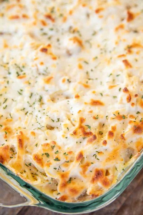 Baked Cream Cheese Chicken Alfredo - the BEST Chicken Alfredo EVER. Everyone goes crazy over this dish. Spaghetti, chicken, Alfredo sauce, cream cheese, garlic, parmesan, and mozzarella cheese. You can make this ahead of time and refrigerate or freeze until ready to bake. Great for a crowd. Seriously better than any restaurant. #spaghetti #chicken #alfredo Chicken Alfredo Bake For A Crowd, Chicken Spaghetti With Alfredo Sauce, Chicken Alfredo For A Crowd, Alfredo For A Crowd, Cream Cheese Chicken Alfredo, Alfredo Sauce Cream Cheese, Alfredo Spaghetti Bake, Baked Cream Cheese Chicken, Alfredo With Cream Cheese