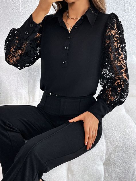 Black Elegant Collar Long Sleeve Woven Fabric Plain Shirt Embellished Non-Stretch  Women Clothing Lantern Sleeve Shirt, Lace Lanterns, Black Lace Shirt, Corset Dress Prom, Sleeves Ideas, Plain Shirt, Professional Attire, Women Blouses, Elegant Shirt