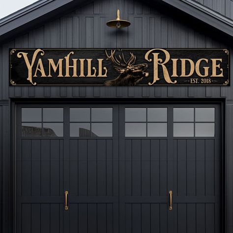 Large metal signs personalized with elk head and name of business. Outdoor Business Signs On Building, Farm Signs Entrance, Wooden Business Signs, Barn Door Decor, Western Signs, Movie Theater Rooms, Gate Entrance, Wooden Signage, Tire Shop