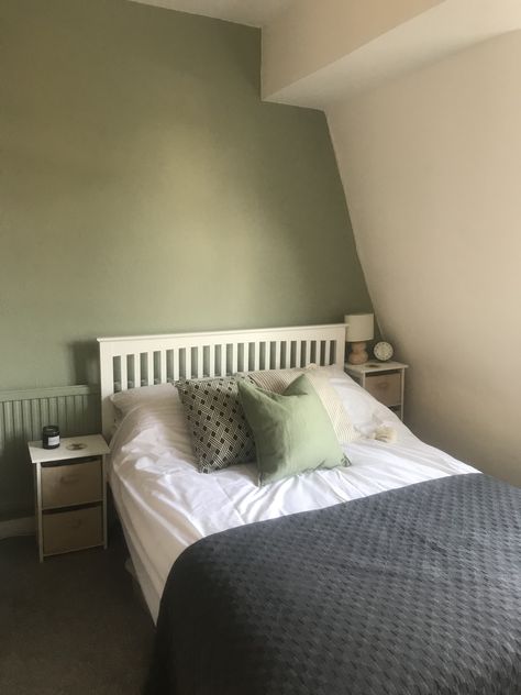 Sage green feature wall (using B&Q Limerick paint) Limerick Paint Living Room, Good Home Limerick Paint, B&q Limerick Paint, Limerick Paint, Bedroom Wall Colors Green, Sage Green Feature Wall Bedroom, Sage Green Feature Wall, Green Feature Wall Bedroom, White And Sage Green Bedroom