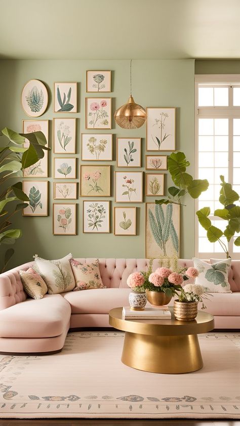 Step into a world of refined elegance and feminine charm with our luxurious Anthropologie-inspired living room. Immerse yourself in the sophisticated ambiance created by opulent furniture and decor, curated to perfection. The pièce de résistance? A stunning botanical gallery wall, adding a touch of nature's beauty to this haven of style. Indulge in the artistry of living with our carefully crafted space – where luxury meets botanical grace. 🌿✨ #LuxuryLiving #FeminineChic #AnthropologieStyle Design Color Trends, Deco Studio, Deco Rose, Living Room Decor Inspiration, Pink Living Room, Interior Design Color, Trendy Living Rooms, Living Room Decor Apartment, Living Room Inspo