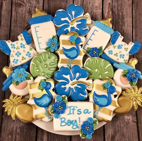 Tropical Baby Shower Theme, Luau Cookies, Baby Boy Images, Baby Boy Cookies, Hawaiian Baby Showers, Woodland Theme Baby, Flamingo Baby Shower, Luau Baby Showers