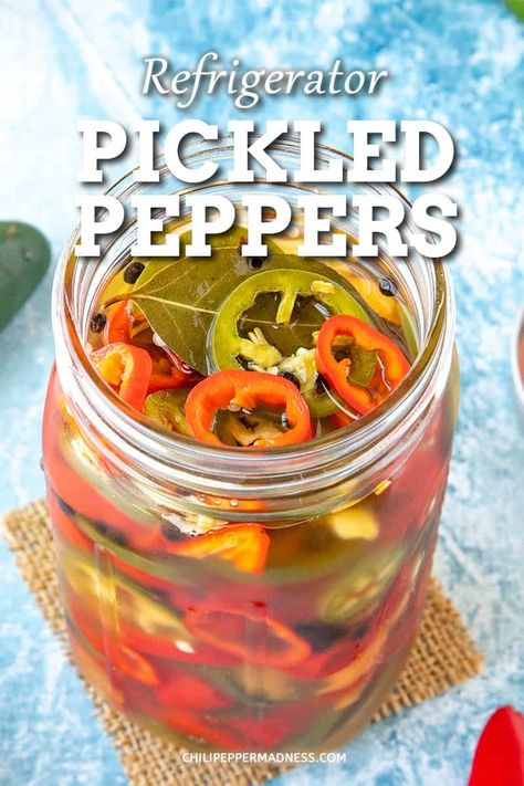 Preserve your Chili Peppers with a quick recipe for making pickled peppers that you can keep in your refrigerator for months. They’re perfect for topping sandwiches, tacos, tossing onto pizzas, or munching right out of the jar. Pickling Peppers, Pickled Peppers Recipe, How To Pickle Peppers, Canning Hot Peppers, Pickled Sweet Peppers, Pickled Pepper Recipe, Pickled Hot Peppers, Hot Pepper Recipes, Sweet Pepper Recipes