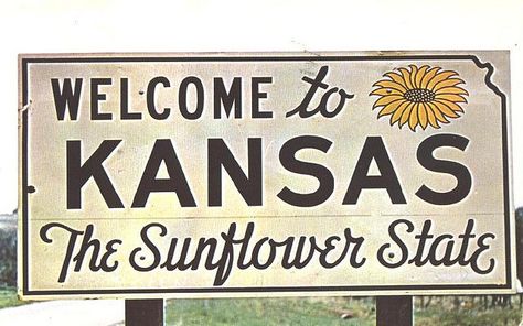 "Kansas - welcome sign" by 9teen87's Postcards on Flickr - Welcome to Kansas ~ the Sunflower State ~ These signs appear on all major highways as you cross the State Line to enter the Sunflower State ~ postmarked in 1959 with a 3 cent Liberty stamp. Kansas Day, State Of Kansas, Kansas Usa, Fire Pit Furniture, State Signs, Wichita Kansas, Land Of Oz, Home On The Range, The Sunflower