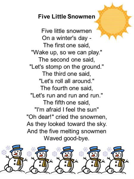 One To One Counting Preschool, 5 Little Snowmen Poem, Five Little Snowmen Poem, Winter Fingerplays For Preschoolers, Winter Songs For Kindergarten, 5 Little Snowmen Song, Snowman Poems For Preschool, Winter Preschool Circle Time Activities, Winter Rhymes For Preschool