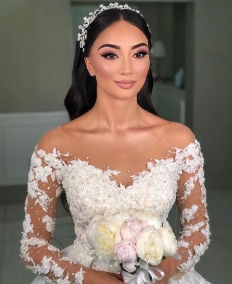 Wedding Dresses With Crowns, Wedding Updo With Crown And Veil, Brides With Crowns, Wedding Tiara And Veil, Bride Hair With Tiara, Bridal Hairstyle With Headband, Bridal Hairstyle With Crown, Straight Hair Bride, Bridal Headband With Veil