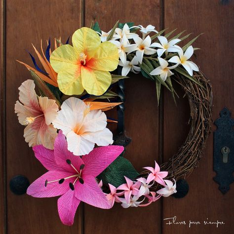 Tropical Wreaths For Front Door, Tropical Wreaths, Front Door Plants, Garden Rose Bouquet, Tropical Wreath, Summer Beach House, Wedding Shadow Box, House Porch, Diy Beach Decor