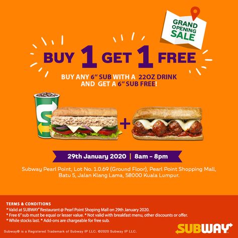 Subway Pearl Point Opening Promotion Buy 1 Get 1 FREE on 29 January 2020 Buy One Get One Free Promotion Design, Buy One Get One Free Creative Ads, Promotion Food Design, Buy 2 Get 1 Free Promotion, Buy 1 Get 1 Free Design Poster Food, Buy 1 Take 1 Poster Design, Buy One Get One Free Ads, Buy 1 Free 1 Poster Design, Poster Promotion Design