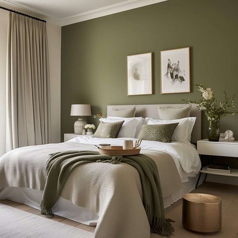 Olive Green Small Bedroom, Olive Colour Bedroom, Cream Walls With Green Accent Wall, Olive Green Apartment, Olive Green Feature Wall, Overtly Olive Bedroom, Olive Colour Combinations, Olive Green And Beige Bedroom, Olive Bedroom Ideas