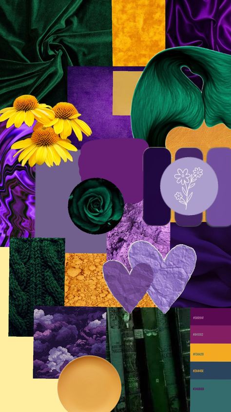 Colors I've been loooooving together lately. #colors #colorscheme #colorpalette #purple #yellowochre #yellow #viridian #green Gold Purple Green Color Palette, Purple Green And Yellow Color Palette, Yellow And Purple Color Palette, Yellow Purple Color Palette, Purple Yellow Palette, Colors Branding, Monochromatic Aesthetic, Green Room Decor, Viridian Green