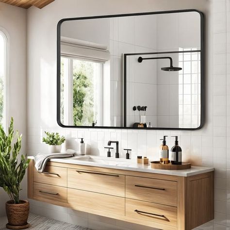 Bathroom Mirrors for Over Sink Wall, Matte Large Mirror, Decorative for Restroom, Farmhouse, Horizontally or Vertically Hanging - Bed Bath & Beyond - 39491294 Mirror Above Double Sink, Double Sink Mirror Ideas, Bathroom Mirrors Ideas, Rectangle Bathroom Mirror, Japanese Bathroom, Bathroom Mirror Ideas, Corner Floor Lamp, Over Sink, Floor Lamp With Shelves