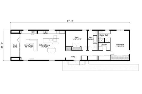 Plan #497-25 - Houseplans.com Rectangle House Plans, Shotgun House Plans, Rectangular House, Narrow House Plans, Shotgun House, Affordable House Plans, 2 Bedroom House Plans, Long House, Apartment Floor Plan