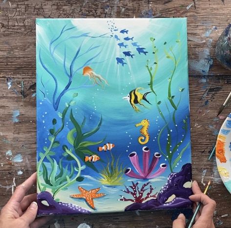 Under The Sea Painting - Step By Step Acrylic Tutorial For Beginners Under The Sea Drawings, Underwater Drawing, Ocean Drawing, Sea Drawing, Underwater Painting, Underwater Scene, Sea Life Art, Underwater Art, Acrylic Painting Tips