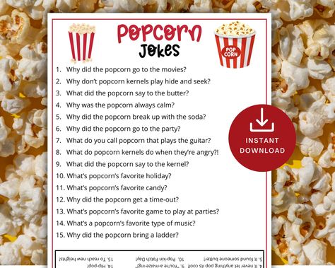 Make your celebration extra fun with these Popcorn jokes with answer key!  Option to print 2 per page to save paper and ink. Perfect for all ages. This is a digital download. Print as many times as you need! You may also enjoy my What's Your Popcorn Name Game. https://www.etsy.com/TheFlooringGirl/listing/1588121381 Perfect for: - Popcorn birthday parties - Baby showers - Movie night - Trivia night - Office Parties - Award ceremonies - Moving/Housewarming Games/Going  Away Parties - Senior Center Popcorn Worksheets, Popcorn Theme Party, Movie Night Games, Popcorn Games, Popcorn Puns, Popcorn Baby Shower, Cub Scout Popcorn, Popcorn Sign, Popcorn Birthday