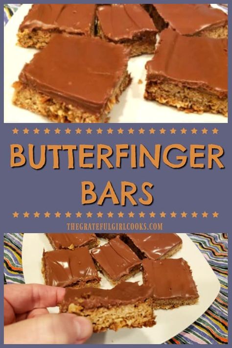 Butterfinger Bars are incredible tasting, crisp, buttery oat bars, topped with a creamy milk chocolate/peanut butter icing. This easy recipe makes 24! via @gratefuljb Score Bars Recipe, Homemade Butterfinger Bars, Sheet Pan Peanut Butter Cookie Bars, Peanut Butter Finger Bars, Peanut Butter Icing Easy, Butter Finger Bars, Nugget Bars, Butterfinger Desserts, Butterfinger Brownies