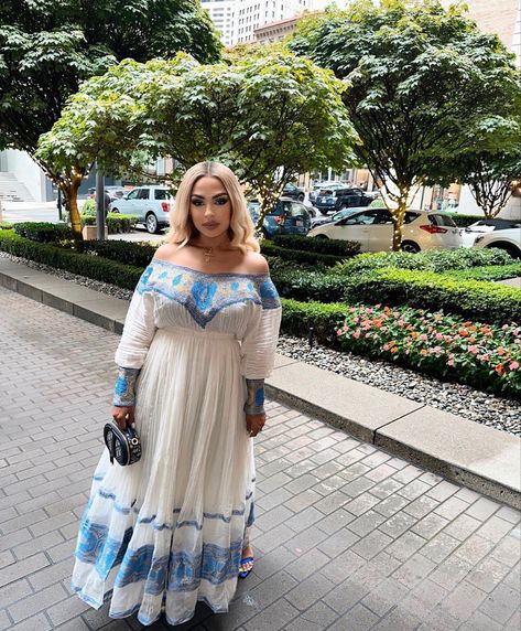 Off The Shoulder Habesha Kemis, Blue Habesha Kemis, Habesha Clothes, Habesha Culture, Black Women Hair Color, Eritrean Dress, Ethiopian Clothing, Habesha Dress, Ethiopian Traditional Dress