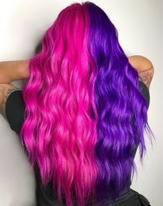 Purple And Pink Split Hair, Vivid Summer Hair Color, Hair Color Ideas Half And Half, Pink And Purple Split Dye, Two Tone Split Hair Color Ideas, Half And Half Hair Color, Purple And Pink Hair, Pink And Purple Hair, Two Color Hair