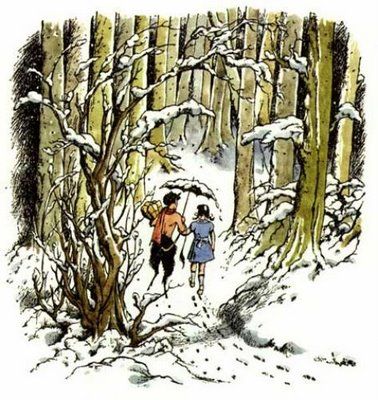 Lucy and Mr. Tumnus. Illustration by Pauline Baynes for C.S. Lewis's The Lion, the Witch, and the Wardrobe. Pauline Baynes, Mr Tumnus, Lion Witch Wardrobe, Lucy Pevensie, Between Two Worlds, Childhood Books, Cs Lewis, Chronicles Of Narnia, World Pictures