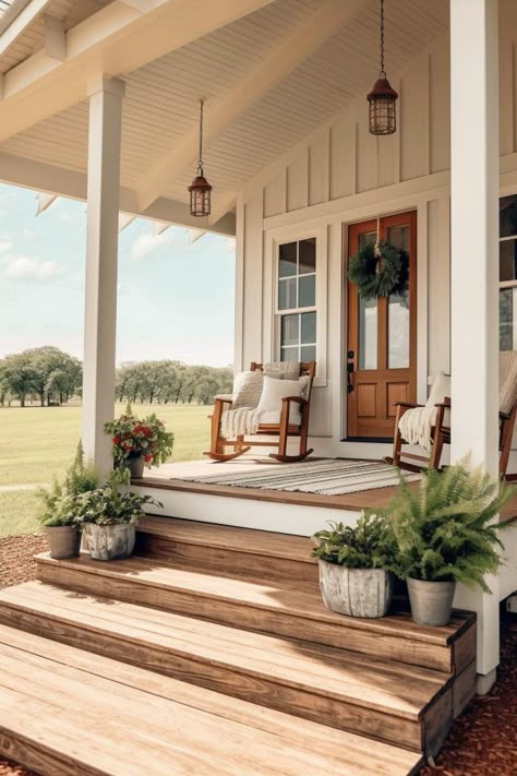 40  Farmhouse Front Porch Ideas for Every Style and Season Country Living Exterior, Farmhouse Cottage Front Porch, Front Wood Porch Ideas, Small Farmhouse Designs, Old Farmhouse Outside, Farmhouse Small Porch Ideas, Restored Farmhouse Exterior, Rustic Farmhouse Inspiration, Deck Off Front Of House