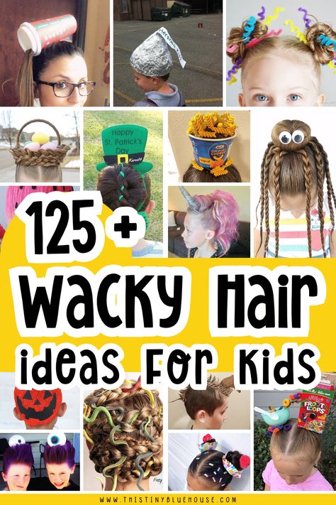 Are you looking for a wacky hairstyle for kids? Here are over 125 wild and wacky hairdos for kids perfect for spirit or red ribbon week.rnrnWe've got crazy hair day ideas for girls, boys, long hair, short hair and all the holidays too.rnrnHead on over to our site today to get some crazy hair day inspiration right now. Super Easy Crazy Hair Day Ideas, Tacky Day Hairstyles, Crazy Hair Day For Middle Schoolers, Crazy Hair Day Inspiration, Quick Easy Crazy Hair Day Ideas, Wacky Day Outfits For Boys, Kids Silly Hair Day, Crazy Hair Day Ideas Long Hair, Easy Diy Crazy Hair Day Ideas