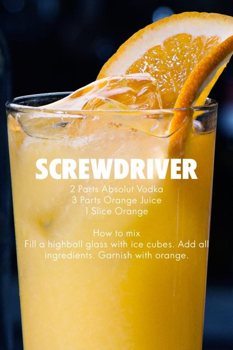 Screwdriver Screwdriver Drink Recipe, Screwdriver Drink, Acholic Drinks, Vodka Mixed Drinks, Orange Juice And Vodka, Orange Vodka, Cocktail Drinks Alcoholic, Orange Cocktails, Mixed Drinks Alcohol