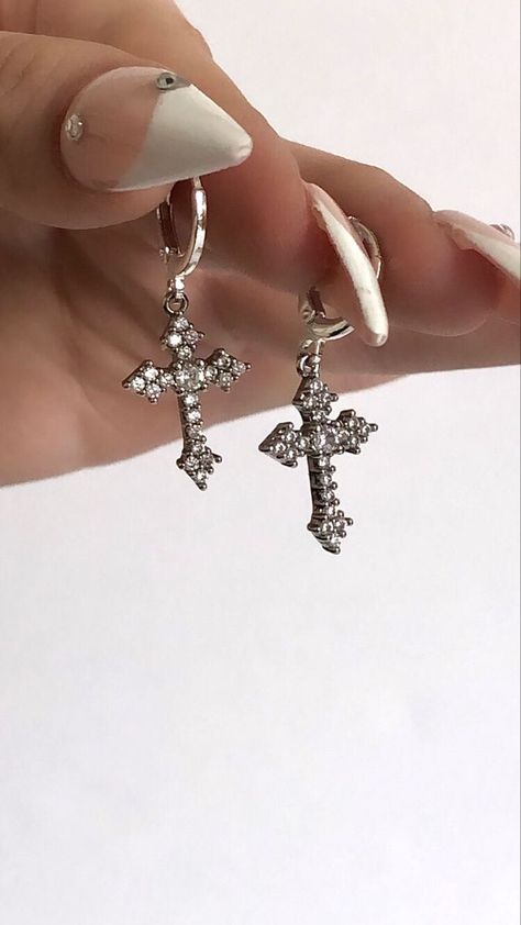 Hoop Earrings Y2k, Earrings Y2k, Y2k Earrings, Goth Earrings, Pretty Jewelry Necklaces, Y2k Accessories, Earrings Aesthetic, Y2k Jewelry, Rhinestone Cross