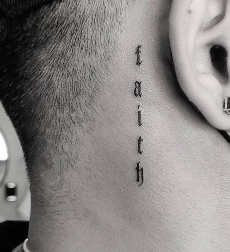 Faith Neck Tattoo Men, Neck Word Tattoo Men, Behind The Ear Tattoo Ideas For Men Guys, Neck Tattoos Side, Neck Word Tattoo, Guys Neck Tattoo, Neck Tats For Men, Faith Tattoo Men, Tattoos For Guys Neck