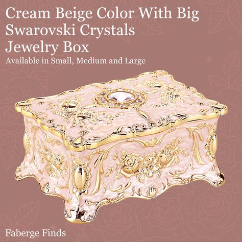 "Small beige jewelry box is just beautiful Swarovski crystal on top and is the same size as our best selling blue jewelry box. It looks like a beautiful antique beige and gold color. The measurements on this box are 3.30\" longby 2 1/2 \"wide x2\" tall. Brand new! Pretty velvet ring holder and necklace storage for everyday! pictures are ENLARGED to show brilliance of box. This is my personal favorite. 5 star reviews!" Beige Jewelry, Crystal Jewelry Box, Necklace Storage, Antique Jewelry Box, Swarovski Crystal Jewelry, Royal Blue And Gold, Vintage Jewelry Box, Jewelry Organizer Box, Small Jewelry Box