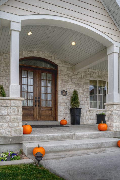 Light Stone House Exterior, Tan House Exterior, Porch Skirt, Stone Veneer Exterior, Beach 2023, Austin White, Tan House, Stone Porches, Stone Exterior Houses