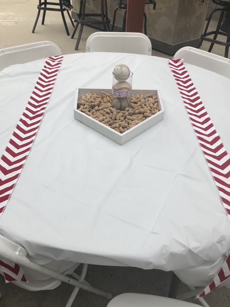 Baseball Party Table Centerpieces, Diy Baseball Centerpieces, Phillies Party Ideas, Baseball Themed Party Decorations, Baseball Theme Party Centerpieces, Baseball Birthday Party Table Decor, Baseball Party Decorations Diy, Baseball Birthday Party Centerpieces, Angels Baseball Party