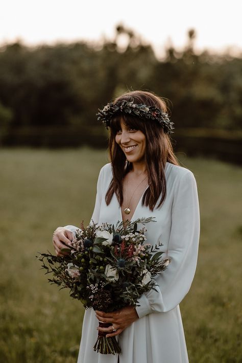 Bride Flower Crown Simple, Bride Hair Flower Crown, Bridal Hair With Flower Crown, Folky Wedding, Nz Elopement, Florist Photoshoot, Flower Wedding Crown, Bride Flower Crown, Boho Wedding Headpiece