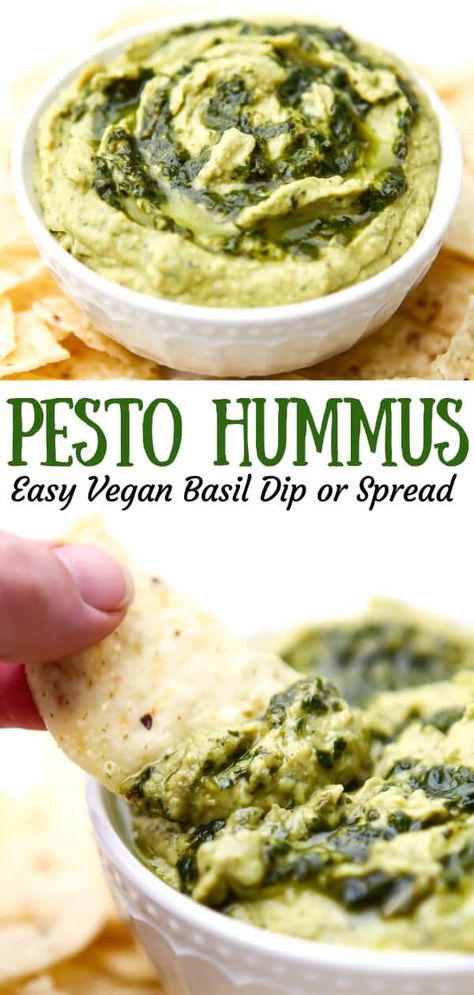 Easy Vegan Pesto, Hummus Easy, Vegan Dip Recipes, Pesto Hummus, Gluten Free Pesto, Hummus Recipe Homemade, Vegan Spread, Vegan Party Food, Vegan Dip