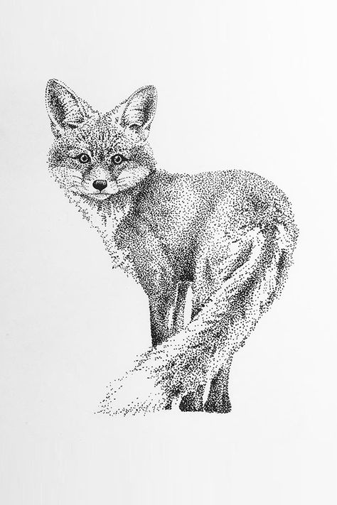 Black and white drawing of a fox in dot style. Simple Piercings, Uterus Tattoo, Fox Pencil Drawing, Dot Drawings, Dotwork Art, Pointalism Art, Stippling Drawing, Dotted Drawings, Natural Form Art