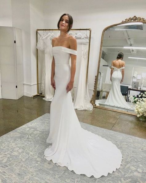 Minimalist Wedding Dresses Off Shoulder, Sloan Alexandra Grecco, Alexandra Grecco Sloan, Off The Shoulder Plain Wedding Dress, Off The Shoulder Low Back Wedding Dress, Silk Wedding Dress Off The Shoulder, Off The Shoulder Silk Wedding Dress, Simple Off Shoulder Wedding Dress, Mermaid Wedding Dress Off Shoulder