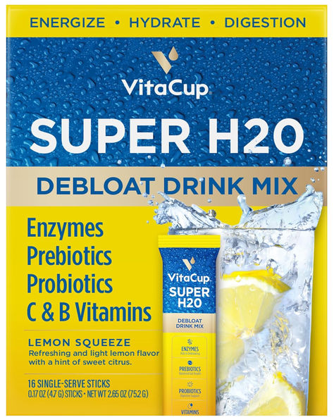 VitaCup Super H2O Bloating Relief and Digestive Health Drink Mix Packets, Probiotics, Prebiotics, C & B Vitamins, Lemon Flavor Water Enhancer Packets, 16 ct Flavored Carbonated Water, Flavor Water, Reduce Gas, Prebiotics And Probiotics, Water Enhancer, Lemon Flavor, On The Go Snacks, B Vitamins, Sweet Citrus