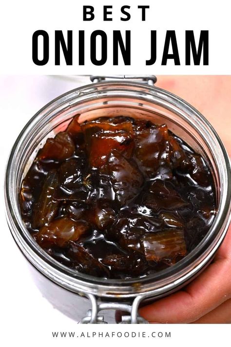 This 6-ingredient caramelized onion jam is rich, sweet, jammy, and packed with flavor (and no pectin!) – perfect for enjoying with a cheese board, over burgers, at Thanksgiving, in a grilled cheese, and more! Apple Onion Jam, Garlic Jam Recipe, Balsamic Onion Jam, Caramelized Onion Jam, Caramel Apple Dessert, Onion Jam Recipe, Pomegranate Jam, Jam Ideas, Canning Jam Recipes