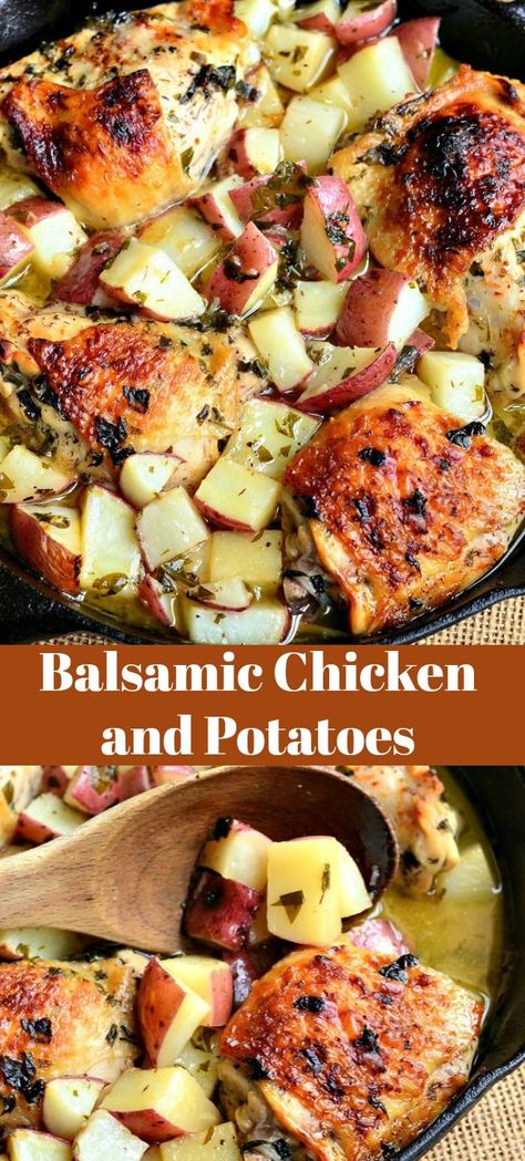 One Pan Balsamic Chicken and Potatoes Red Wine Vinegar Chicken Marinade, Balsamic Chicken Thighs, Juicy Chicken Thighs, Balsamic Vinegar Recipes, Balsamic Marinade, Red Potato Recipes, Easy Chicken Dinner, Balsamic Vinegar Chicken, Dinner Favorites