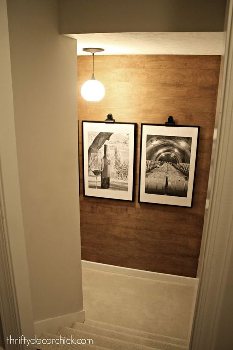 How to build DIY wood picture ledges | Thrifty Decor Chick | Thrifty DIY, Decor and Organizing Stained Accent Wall, Wood Picture Ledge, Stained Shiplap, Pottery Barn Look, Gallery Wall Staircase, Thrifty Diy, Thrifty Decor Chick, Shiplap Accent Wall, Old Fireplace